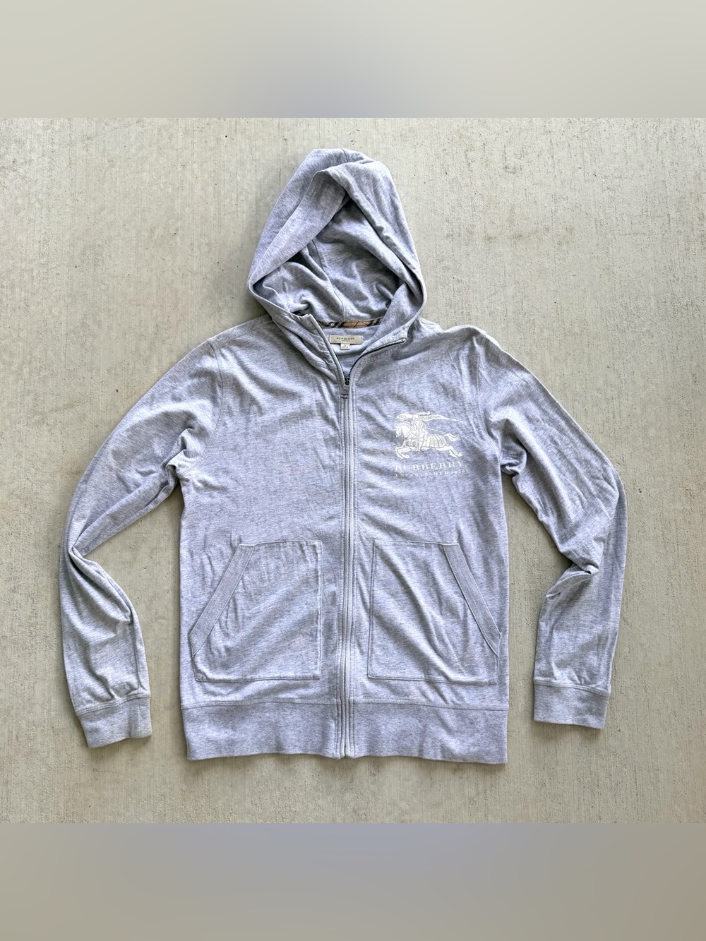 Burberry London Full Zip Hoodie Men Size Small Gray Knight Logo Lightweight